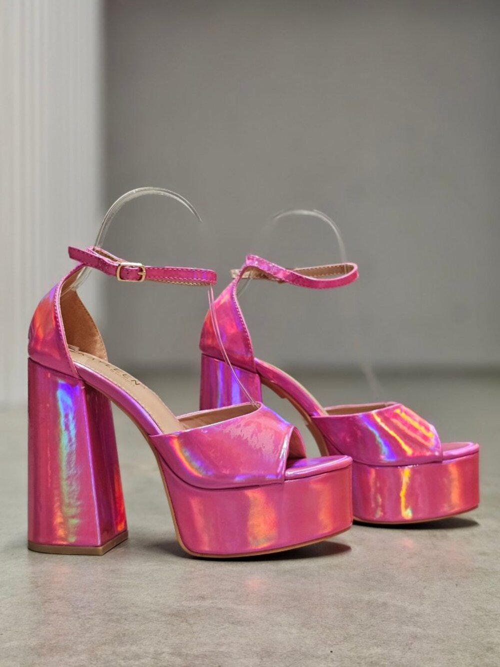 Iridescent Pink Platform Block Heel Sandals With Ankle Strap - Womens Statement